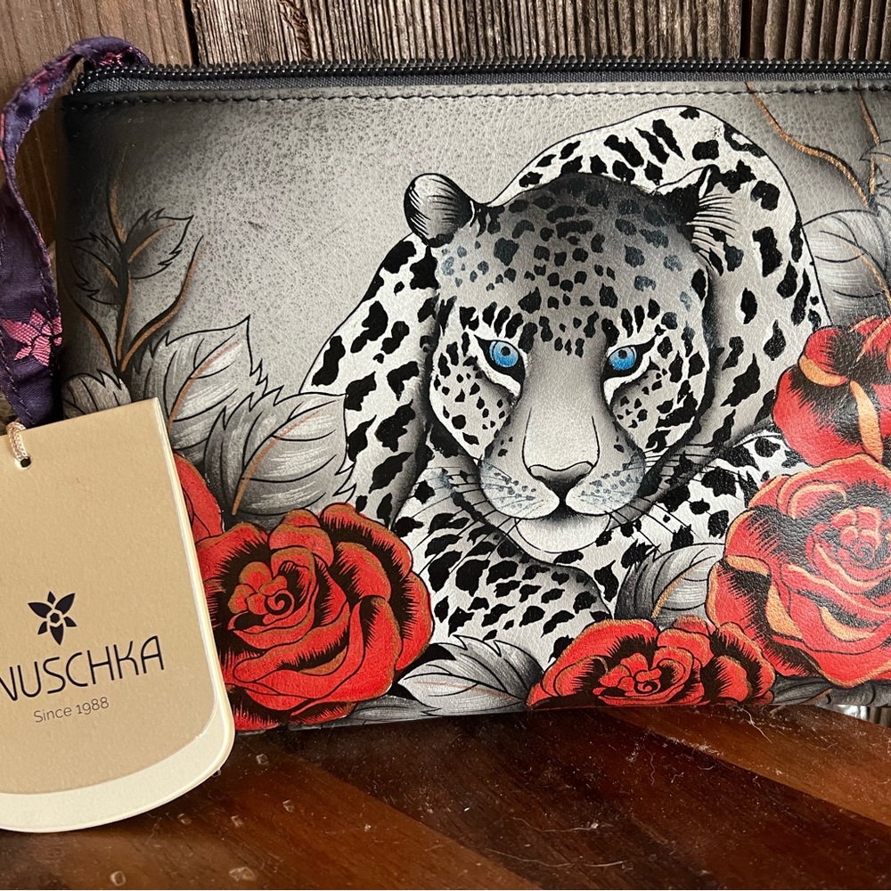 Anuschka NWT Leopard and Roses leather crossbody